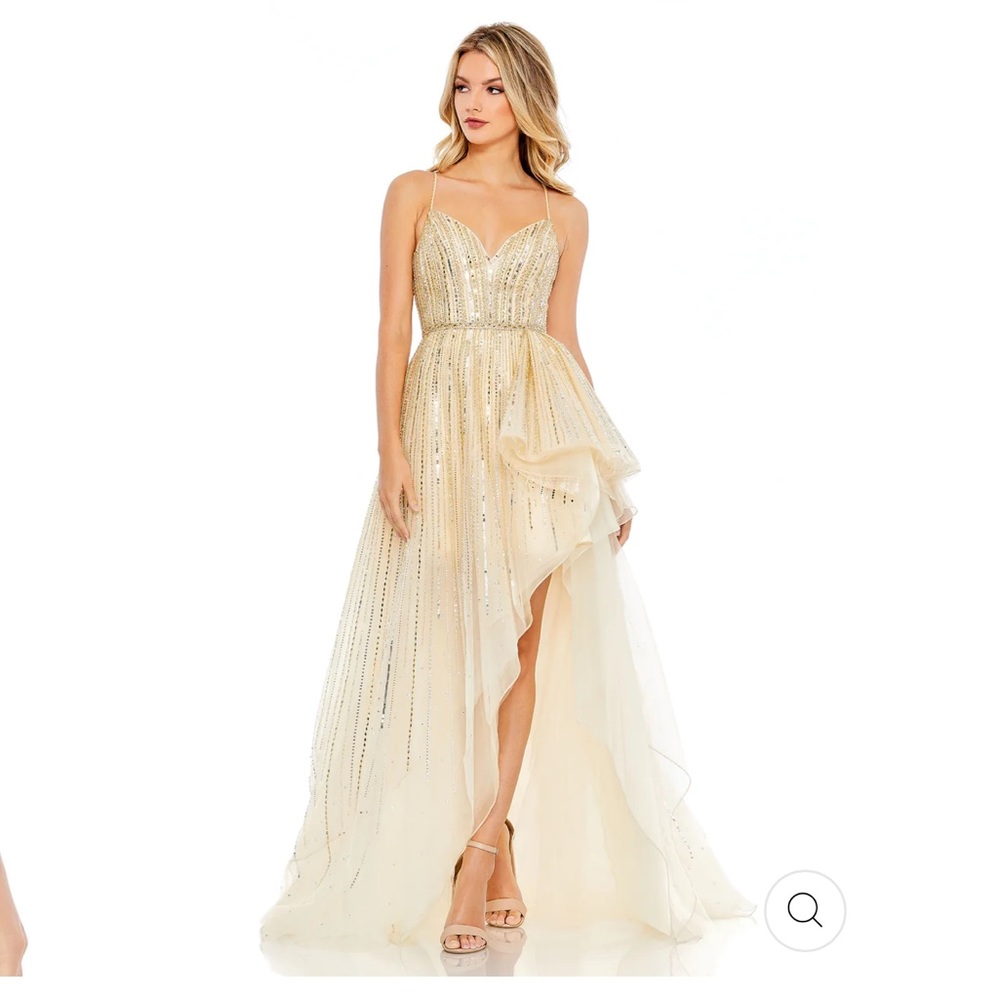 New Mac Duggal high low embellished sleeveless A line gown.